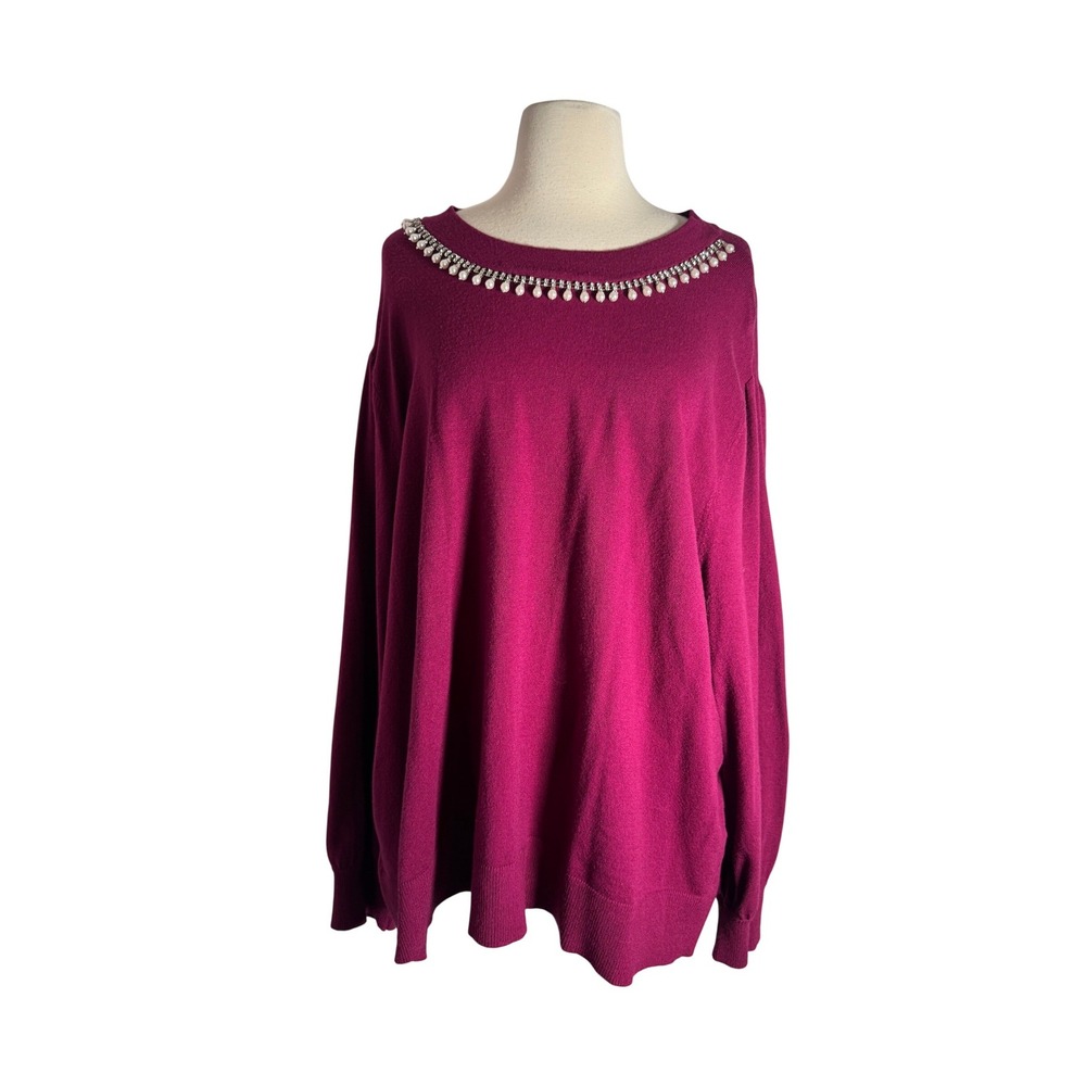 Loft Magenta Pink‎ Knit Embellished Pearl Rhinestone Neckline Sweater